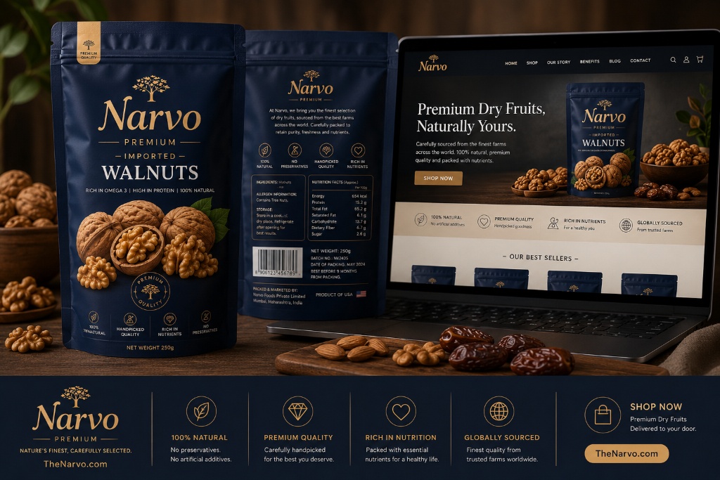 Narvo Walnut Kernels packaging and website mockup